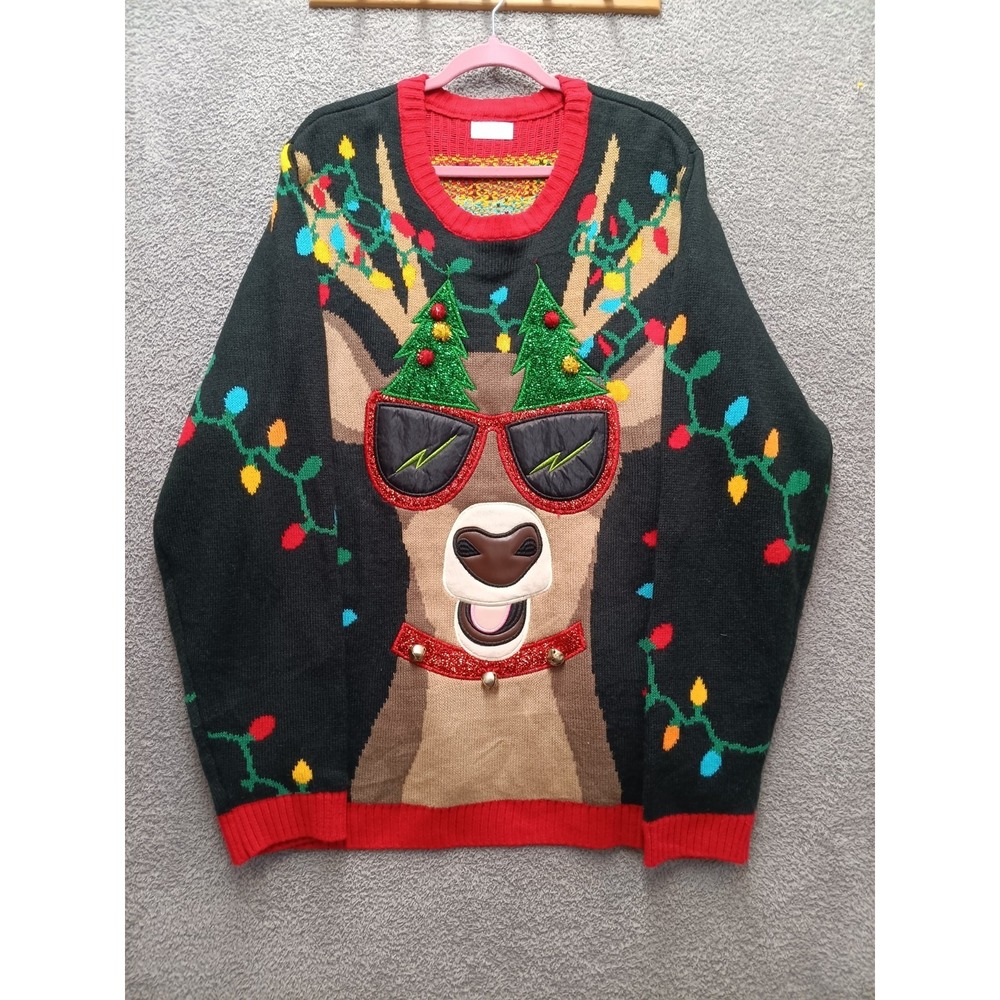 Holiday Time Reindeer Ugly‎ Christmas Sweater 2XL Black